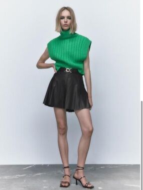 Zara Black Faux Leather Belted Skirt